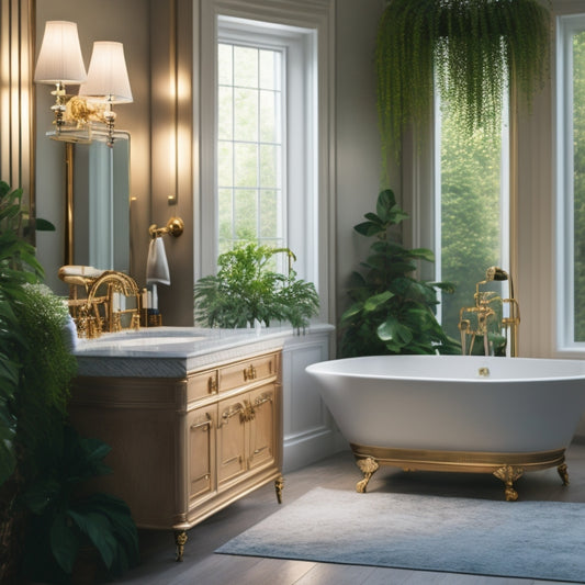 A luxurious bathroom scene featuring a freestanding tub, rainfall showerhead, heated floors, and a wall-mounted vanity with LED-lit mirrors, surrounded by marble, glass, and lush greenery.