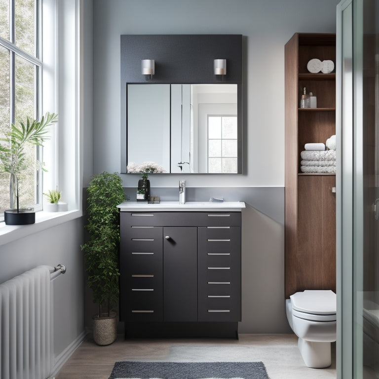 A sleek, modern bathroom with a wall-mounted cabinet above a compact sink, a pedestal organizer beneath, and a recessed medicine cabinet behind a mirrored door.