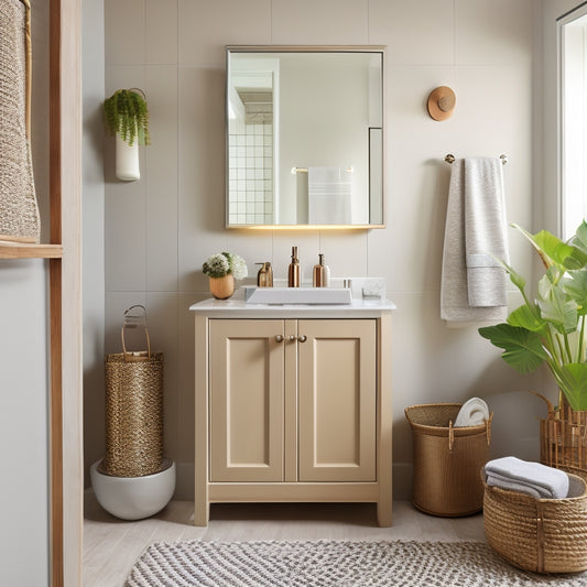 A serene, modern bathroom with sleek, wall-mounted cabinets, a woven basket storing toiletries, and a pedestal sink adorned with a few, carefully placed decorative items, surrounded by soft, warm lighting.
