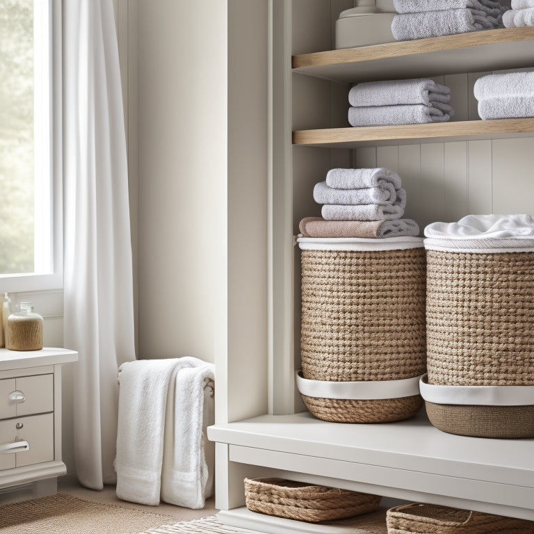 A serene bathroom with three floating shelves in a soft, matte white finish, each holding woven storage bins in natural fibers, filled with rolled towels and decorative bottles.