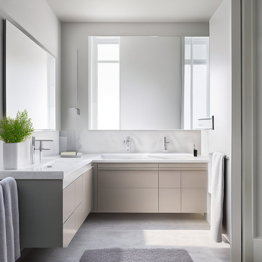 A sleek, modern bathroom with three wall-mounted sinks in different styles, surrounded by minimalist decor, ample natural light, and a subtle gray-and-white color scheme, showcasing space-saving elegance.