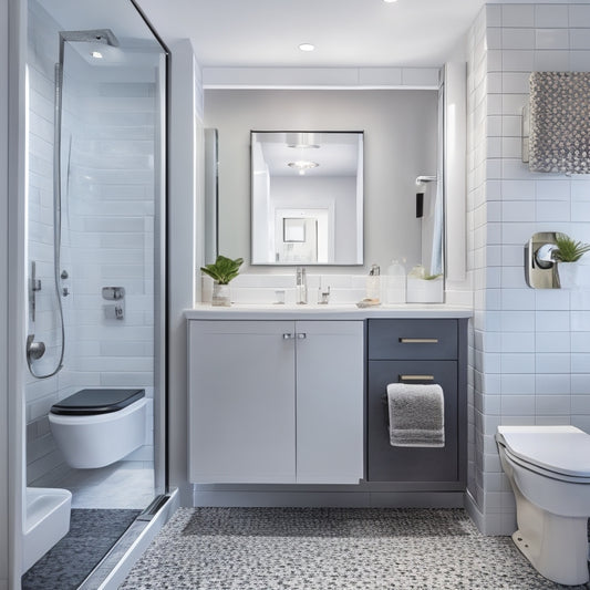 A sleek, modern bathroom with a wall-mounted toilet and a recessed storage cabinet above it, adorned with sleek hardware and surrounded by crisp, white subway tiles and a large, LED-lit mirror.