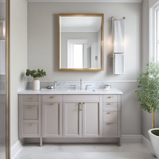 A modern bathroom with a sleek, grey vanity unit featuring soft-close drawers, a large mirror, and a vessel sink, set against a calming white and grey marble backdrop.