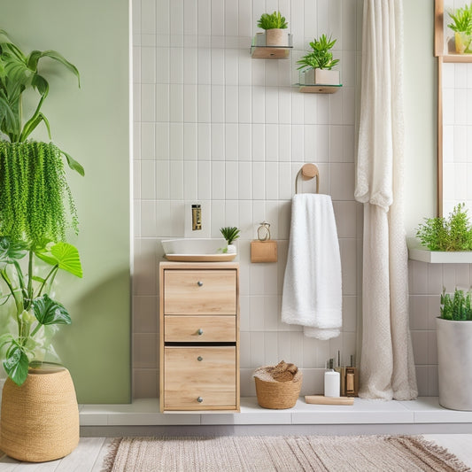 A chic bathroom scene showcasing a stylish wall-mounted storage unit made of natural wood, filled with neatly organized towels, toiletries in glass jars, and decorative plants, all against a soft pastel wall.