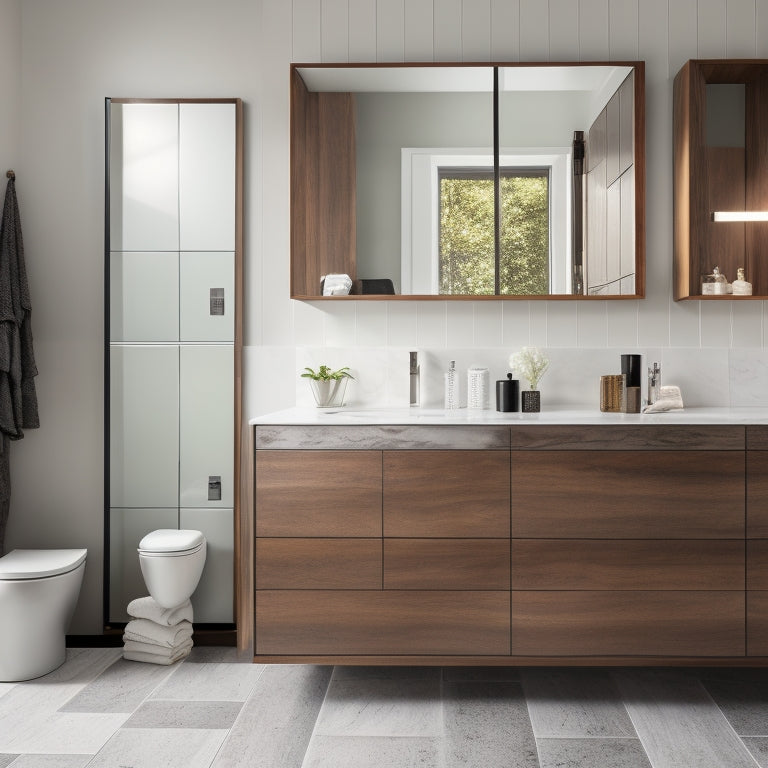 Generate an image featuring a sleek, modern bathroom with three distinct vanity countertops: a crisp white quartz with subtle veining, a rich walnut wood with live edge detail, and a matte black granite with bold, abstract patterns.