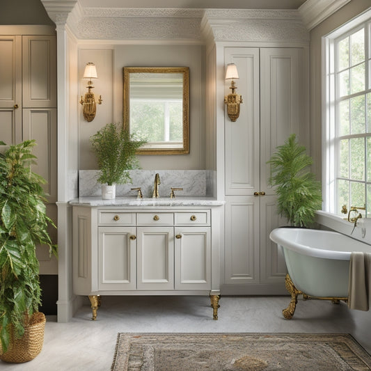 A serene bathroom with three white wood wall cabinets of varying sizes, adorned with ornate metal hardware, against a soft gray wall, surrounded by lush greenery and warm, golden lighting.