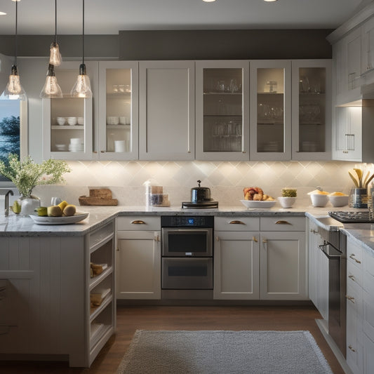 A well-lit, modern kitchen with a corner sink, featuring a custom cabinet organizer with pull-out drawers, adjustable shelves, and a lazy Susan, showcasing ample storage and optimized functionality.