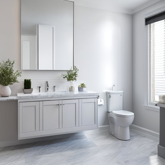 A modern bathroom with a wall-mounted vanity sink toilet combo in a sleek, white finish, surrounded by gray marble countertops and a large, frameless mirror.
