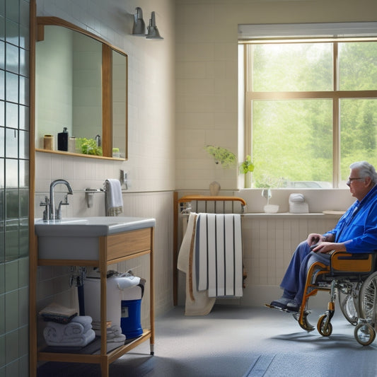 A serene bathroom scene with a person using a wheelchair, surrounded by adaptive equipment like grab bars, a raised toilet seat, and a shower chair, conveying independence and accessibility.