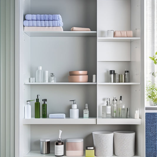 A sleek, modern bathroom cabinet with tiered, transparent organizers; neatly arranged toiletries, colorful towels, and personal care items. Soft lighting highlights the minimalist design and efficient use of space, creating a serene atmosphere.