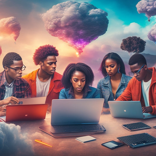 A vibrant, futuristic illustration featuring a diverse group of students surrounded by glowing laptops, tablets, and educational gadgets, amidst swirling clouds of knowledge and innovation.
