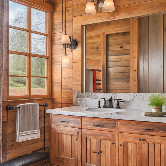 A rustic bathroom featuring reclaimed wood industrial cabinets with a weathered finish, metal accents, and vintage hardware. Natural light streams through a window, highlighting the unique grain patterns and textures of the wood.
