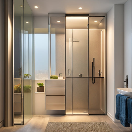 A sleek, modern bathroom with a large, wall-mounted mirrored cabinet featuring a fog-resistant coating, surrounded by steam-covered glass walls and a rainfall showerhead, illuminated by soft, warm lighting.