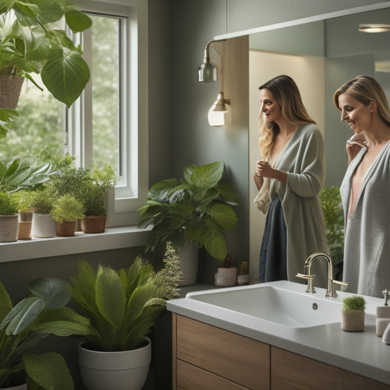 A serene bathroom interior with a calm color palette, two people in the background, one brushing teeth and the other applying makeup, with a subtle smile, amidst tidy countertops and a few strategically placed plants.