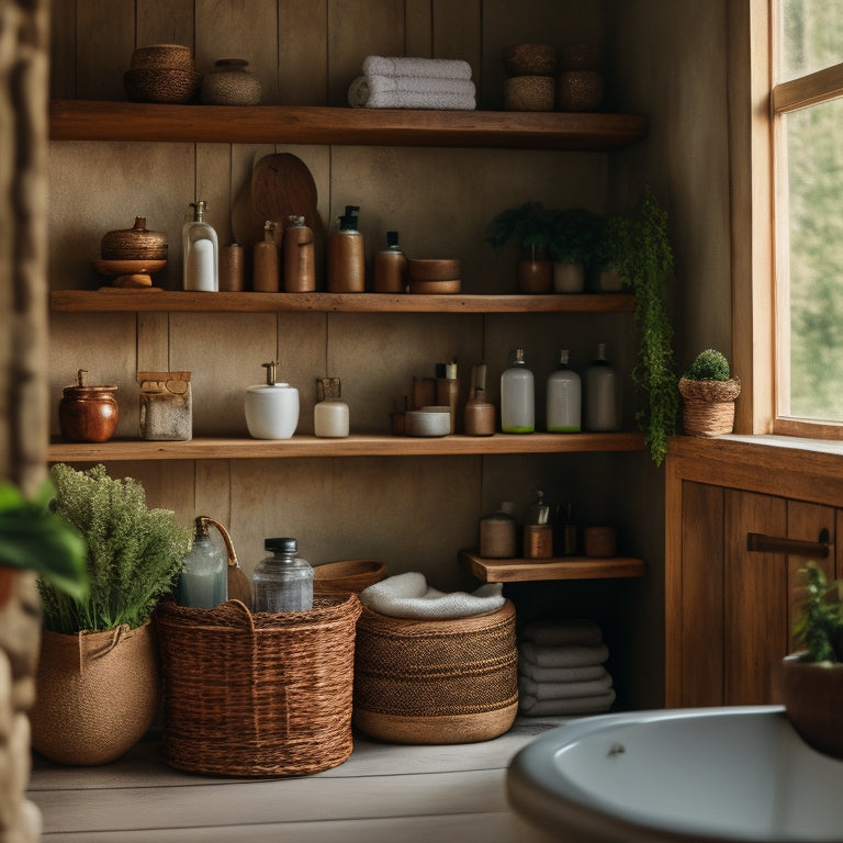 A cozy bathroom with rustic open shelving, featuring wooden shelves adorned with greenery, vintage jars, soft towels, and handmade pottery, surrounded by warm natural light and textured stone walls.