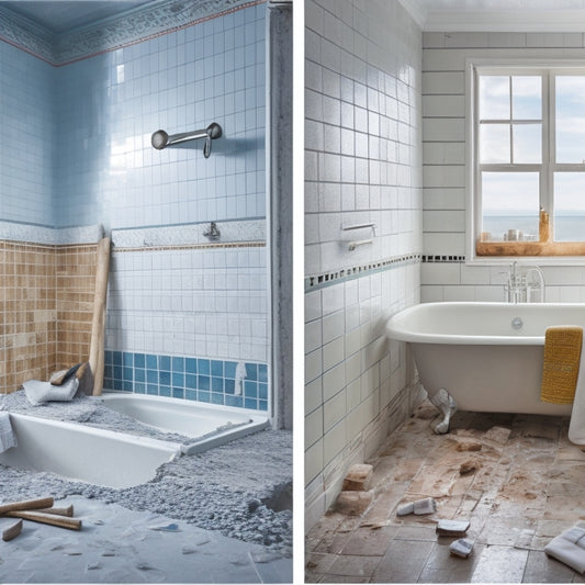 A split-screen image: a demolition scene with a sledgehammer, broken tiles, and torn wallpaper on the left, and a renovated bathroom with sleek, white subway tiles and a freestanding tub on the right.