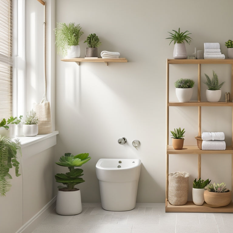 A serene bathroom scene featuring sleek, white floating shelves adorned with neatly arranged minimalistic storage boxes, potted succulents, and a simple wood ladder, all set against soft, neutral-toned walls and natural light.