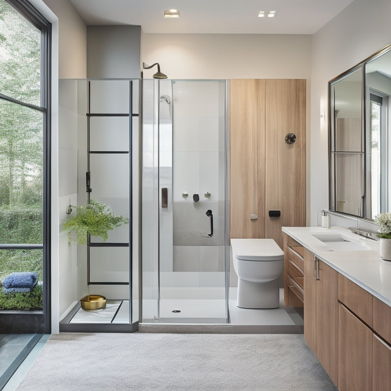 A sleek, modern bathroom with a wall-mounted vanity featuring a floor-to-ceiling drawer unit, adjacent to a freestanding tub, and a separate walk-in shower with a glass enclosure.