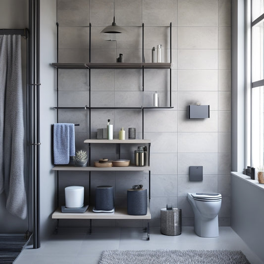 A minimalist, modern industrial-style bathroom with a wall-mounted metal shelving unit, a sleek, compact storage cabinet, and a few carefully placed decorative pipes, set against a muted gray concrete background.