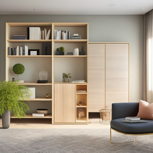 A stylish, minimalist room with sleek walls featuring a mix of open shelves, hidden compartments, and cleverly disguised storage units, showcasing a clutter-free and organized living space.