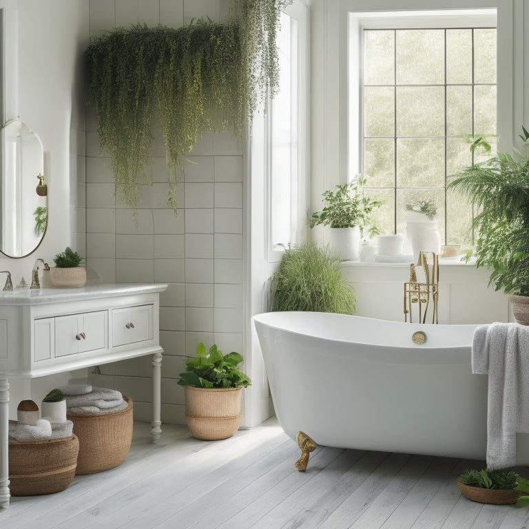 A serene bathroom scene featuring a freestanding tub, surrounded by creamy white walls and floors, with three to five white wooden shelves of varying depths, adorned with lush greenery and spa-inspired accents.