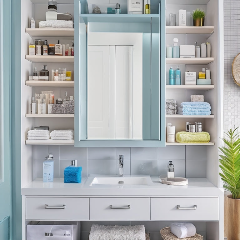 A tidy, modern bathroom with a mirrored medicine cabinet featuring adjustable shelves, baskets, and dividers, showcasing a variety of neatly organized toiletries and beauty products in a compact, clutter-free space.