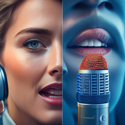 A split-screen image featuring a confident person speaking into a microphone on one side, and a detailed illustration of the human mouth and vocal cords on the other, with sound waves and speech bubbles flowing between them.