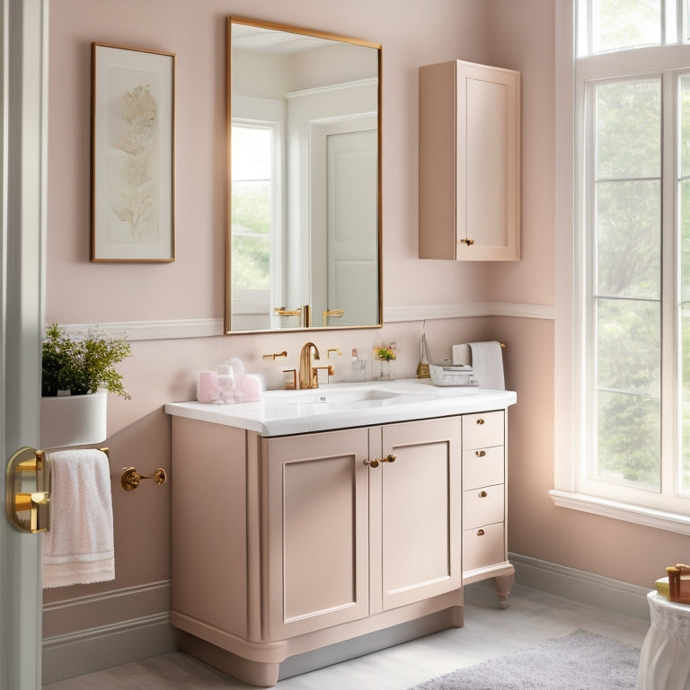 A chic small bathroom featuring sleek slimline cabinets in soft pastel colors, maximizing storage with open shelving, elegant mirrors, and stylish fixtures, illuminated by warm, natural light from a frosted window.