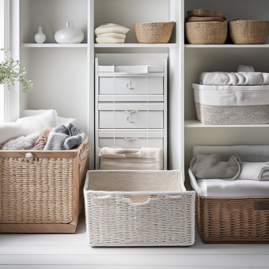 A tidy, white drawer interior with soft, warm lighting, featuring a collage of neatly arranged storage bins, woven baskets, and stackable trays in various shapes and sizes, against a clean, minimalist backdrop.