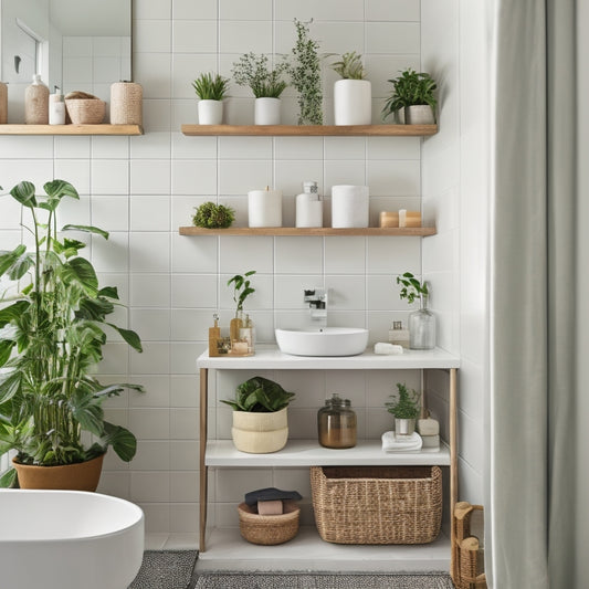 A chic, compact bathroom featuring floating shelves with neatly arranged plants, stylish baskets, and elegant glass jars. A minimalist ladder holds towels, and a sleek vanity with hidden storage maximizes space in a cozy, modern setting.