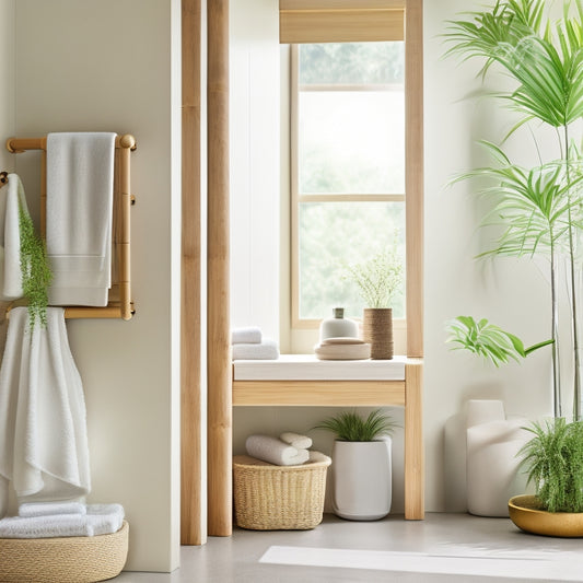 A serene bathroom scene featuring various bamboo shelving units: sleek, minimalist designs displaying lush plants, neatly folded towels, and elegant toiletries, accented by soft natural light filtering through a frosted window.