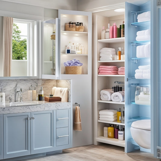 A tidy, compact bathroom cabinet with mirrored doors, soft LED lighting, and adjustable shelves, showcasing a neatly arranged assortment of toiletries, towels, and beauty products in a calming, spa-inspired atmosphere.