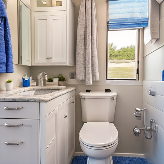 A tidy RV bathroom with a sparkling clean sink, toilet, and shower area, featuring a toilet brush, plunger, and cleaning supplies on a nearby shelf, amidst a calming blue and white color scheme.