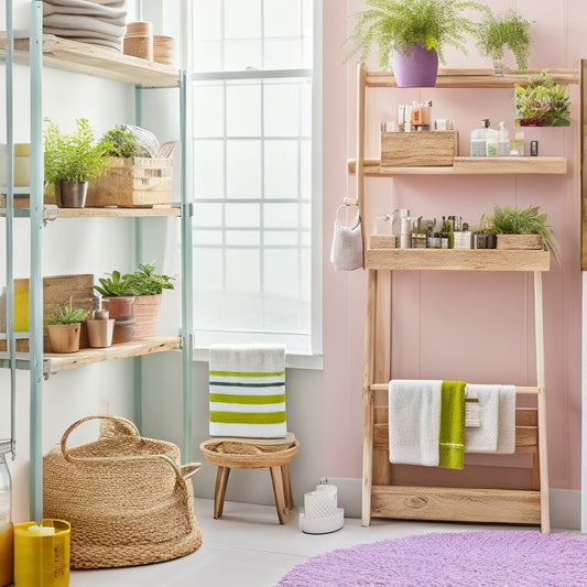 A bright, organized bathroom featuring repurposed wooden crates stacked for storage, colorful mason jars holding toiletries, a stylish ladder shelf displaying plants, and sleek baskets under the sink, all against a soothing pastel backdrop.