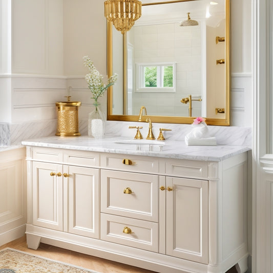 A serene white bathroom with a double sink vanity cabinet featuring ornate gold hardware, paired with a Carrara marble countertop and a stunning herringbone-patterned floor.