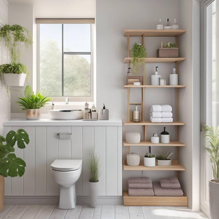 A sleek, modern bathroom featuring an over-the-toilet adjustable shelving system. The shelves display neatly arranged toiletries, plants, and decorative items, with soft natural light illuminating the space, creating a serene and organized atmosphere.