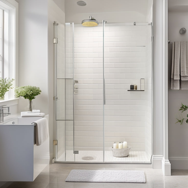 A serene bathroom scene featuring a sleek, glass-enclosed corner stand shower with rainfall showerhead, surrounded by polished chrome fixtures, creamy white tile, and a subtle LED ambient glow.