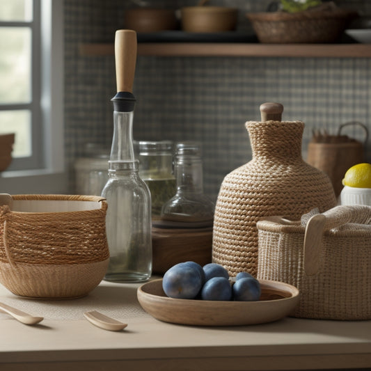 A tidy kitchen countertop with a few small, neatly arranged organizers in the foreground, including a wooden utensil holder, a ceramic spice jar, and a woven basket containing a few kitchen essentials.