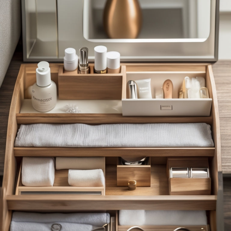 A beautifully organized bathroom drawer featuring wooden dividers, neatly arranged toiletries, makeup, and grooming tools, with soft lighting illuminating the space, showcasing a serene and clutter-free aesthetic.
