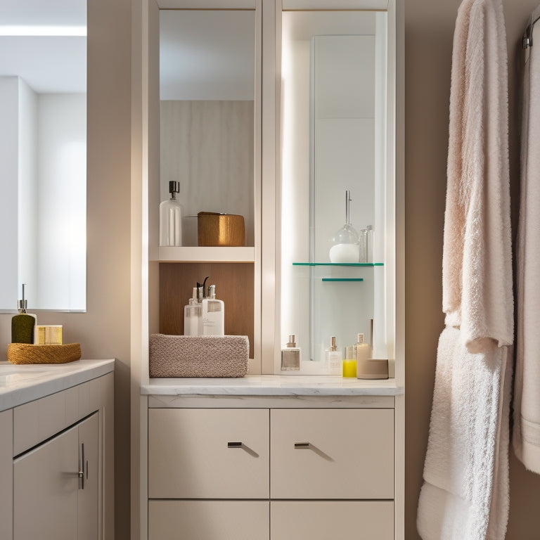 A modern bathroom cabinet, featuring glossy white and wood finishes, neatly arranged with color-coordinated towels, elegant glass jars for toiletries, and stylish decorative accents, all illuminated by soft, ambient lighting.