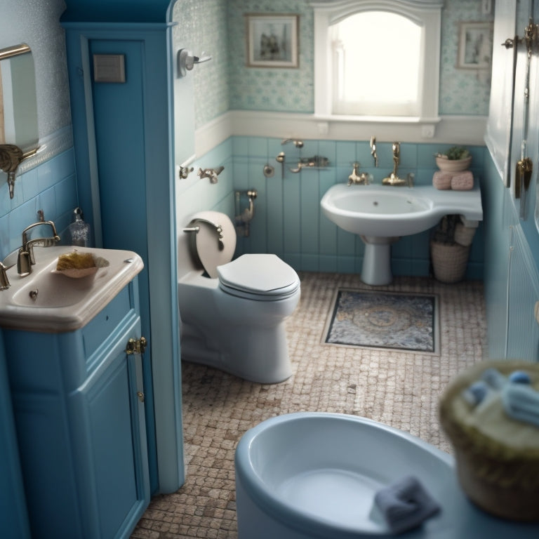 A bathroom with a sink and mirror, where the mirror slides open to reveal a hidden compartment with a small safe, and a toilet with a removable top storing a rolled-up treasure map.