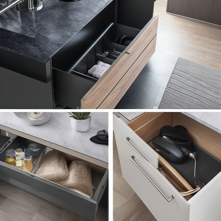 A sleek under-sink storage solution in a modern kitchen, featuring organized pull-out drawers, stylish bins, and a minimalist design. Bright lighting illuminates the space, highlighting the polished finishes and practical arrangement.
