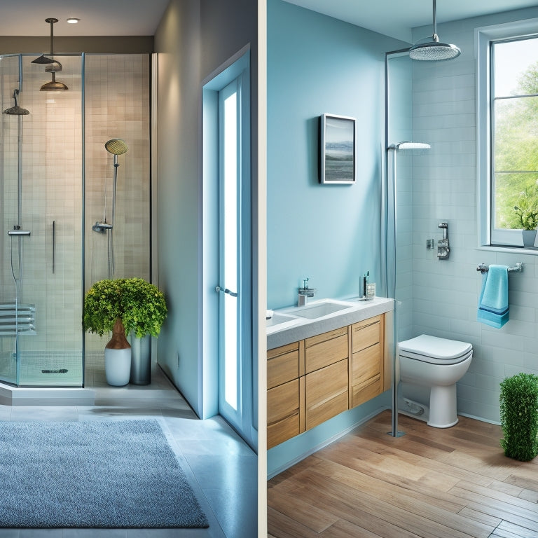 A serene bathroom scene featuring three bath seats in different styles (slatted, padded, and folding) placed in a modern shower stall with a rainfall showerhead and glass enclosure.