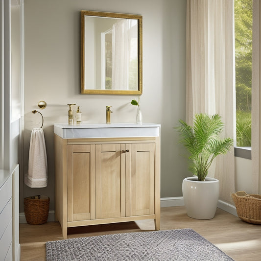 A serene, well-lit bathroom with a wall-mounted cabinet featuring clear glass doors, a pedestal sink with a slide-out drawer, and a woven storage basket beneath a sleek, modern vanity.