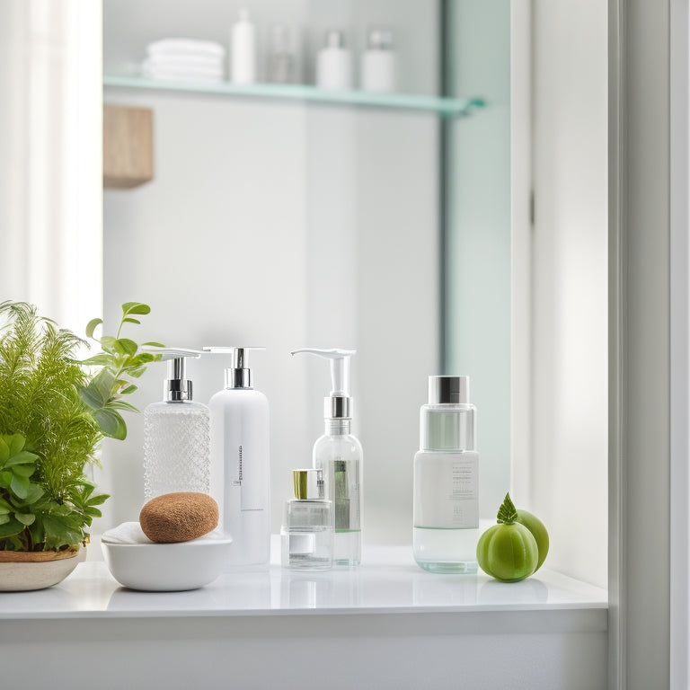 A serene bathroom scene featuring sleek, minimalist glass shelves mounted on a white wall, adorned with elegant toiletries and a small green plant, illuminated by soft natural light filtering through a frosted glass door.
