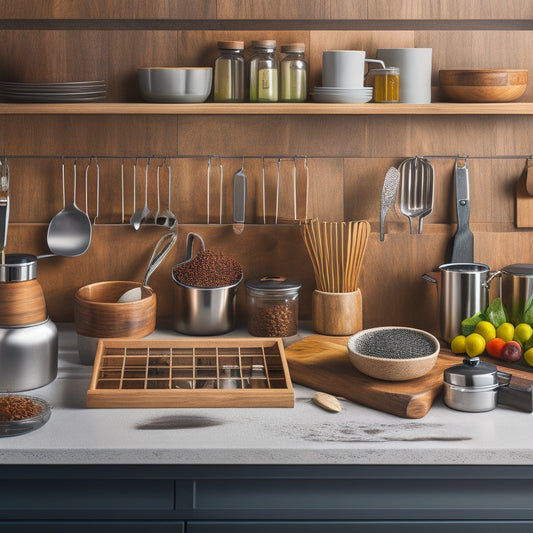 A well-organized kitchen countertop with a wooden utensil organizer, a stainless steel spice rack, a set of matching ceramic canisters, and a sleek, modern knife block, all neatly arranged and lit from above.