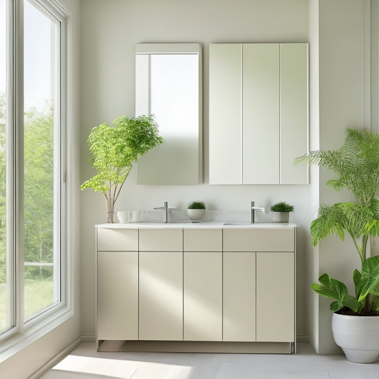 A serene minimalist bathroom featuring sleek, white cabinetry with hidden compartments, a floating vanity, soft natural light filtering through a frosted window, and delicate green plants, creating an uncluttered and tranquil atmosphere.