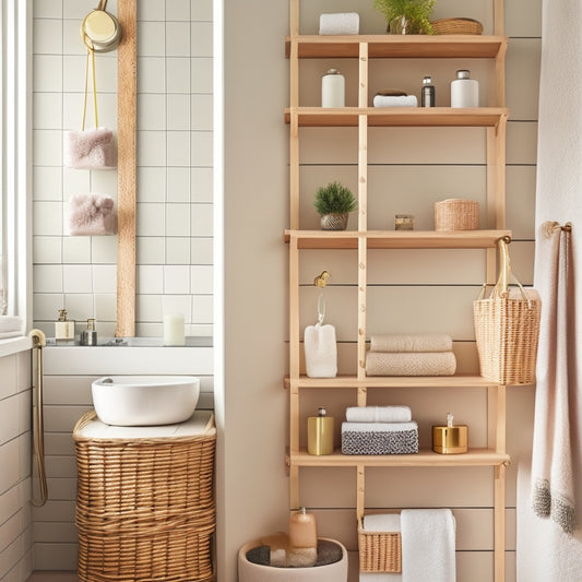 A chic, compact bathroom featuring elegant wall-mounted shelves adorned with neatly arranged toiletries, a stylish woven basket for towels, and a sleek, minimalist ladder for extra storage, all in soft, neutral tones.