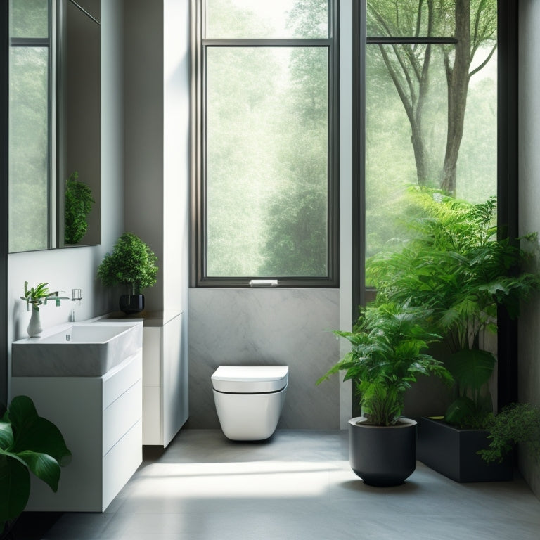 A sleek, modern bathroom with a wall-mounted toilet featuring a minimalist design, surrounded by marble floors, a freestanding tub, and a floor-to-ceiling window with lush greenery outside.