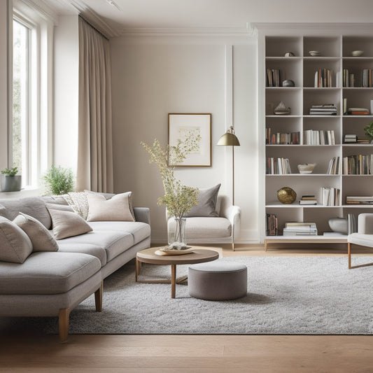 A serene, minimalist living room with a few, carefully placed decorative objects, a plush area rug, and a single, elegant vase on a polished wooden coffee table, surrounded by tidy, floor-to-ceiling bookshelves.